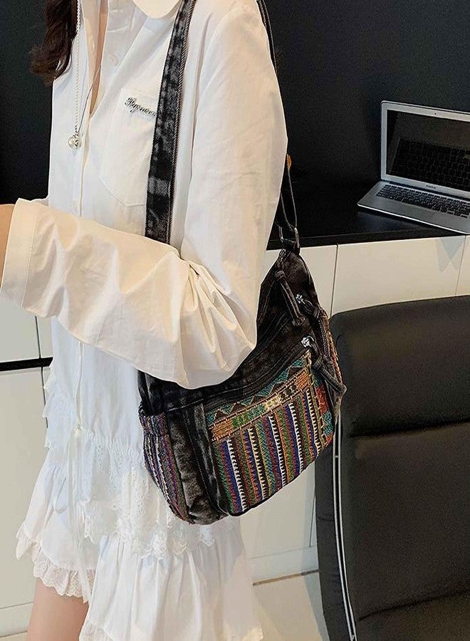 Winatehr crossbody bags denim purse for women, pocketbooks boho travel jean everyday purse for ladies vintage, black medium canvas crossbody side bag, bohemian casual fashion hippie accessories - Image 3